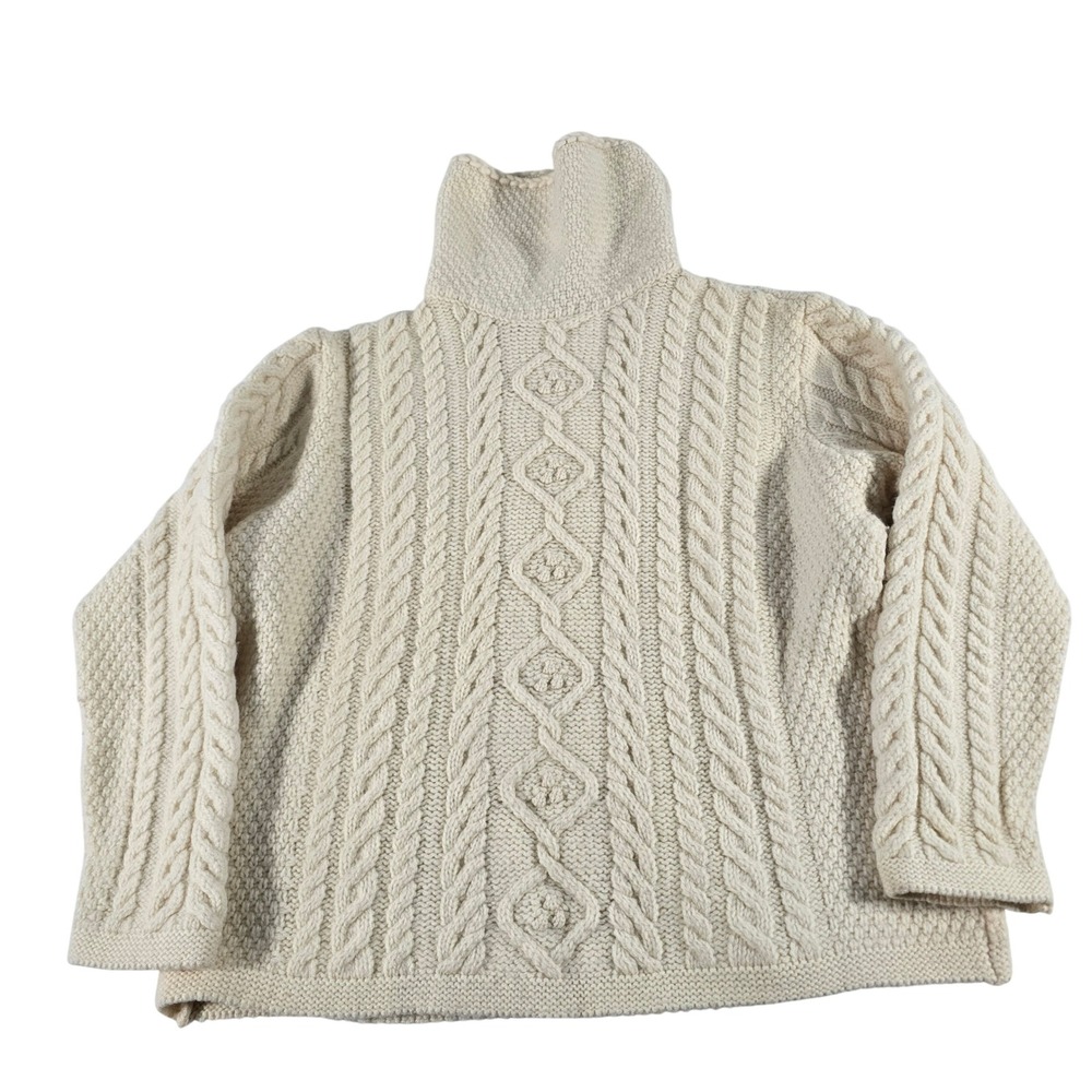 Paul James Made in England 100% Wool Cable Knit Turtleneck Sweater Cream Large